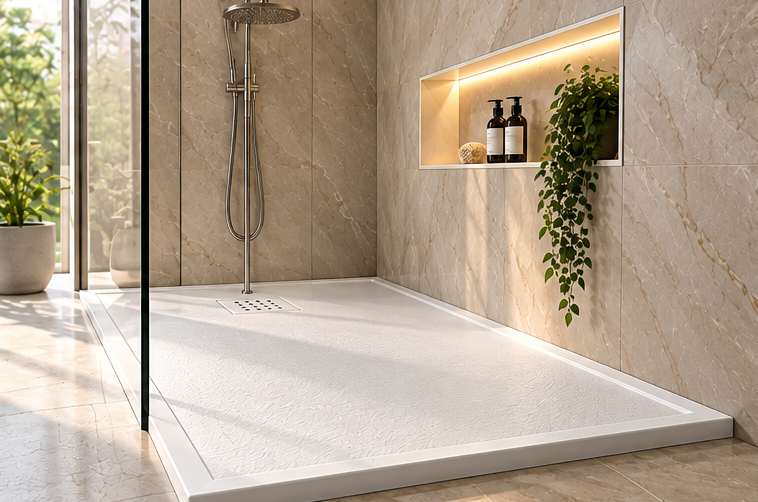 Plato de ducha Prensado blanco instalado en un baño con perfil fino y rejilla cuadrada