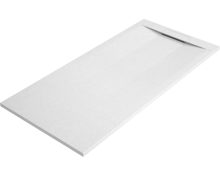 Plato de ducha Ópalo blanco en perspectiva con desagüe oculto y tapa integrada en un extremo