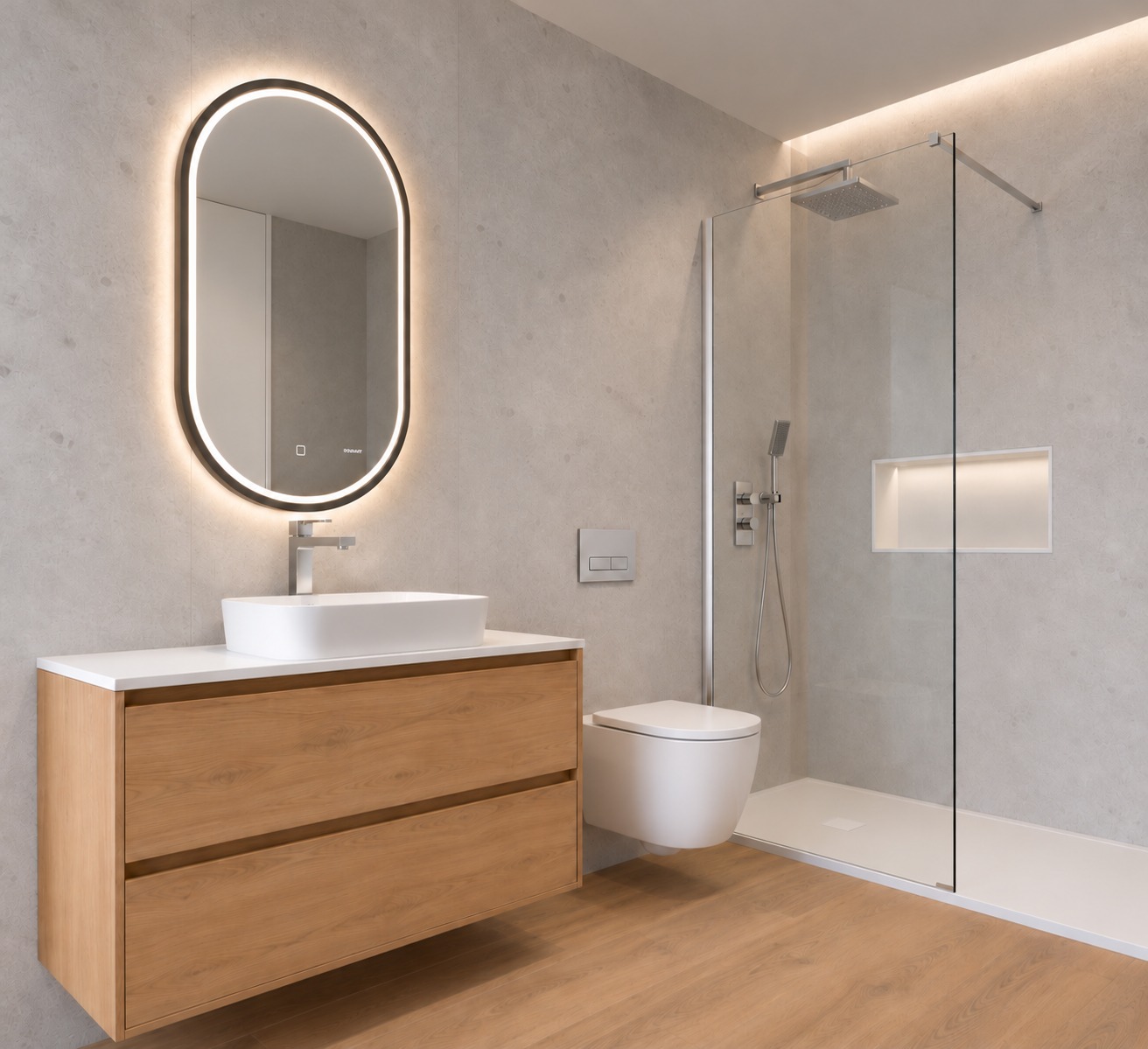 Baño reformado con plato de ducha, mampara, espejo retroiluminado y mueble de madera